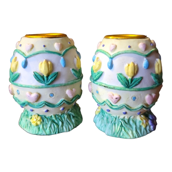 2 Vtg Easter Egg Heart Tulip Candlestick Holders